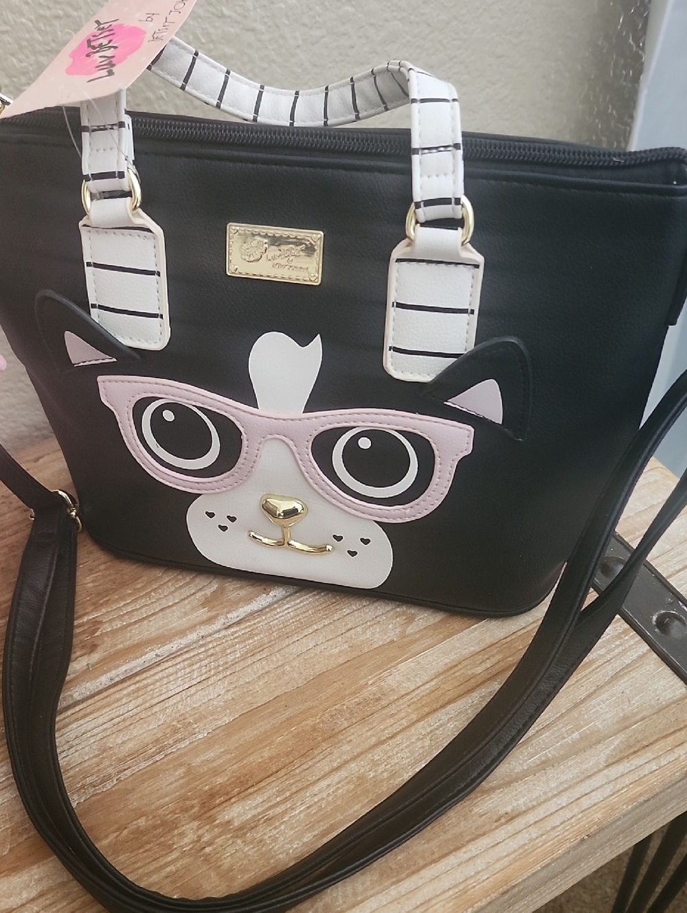 Betsey Johnson Black Crossbody Bag with Pink & White Cat Face